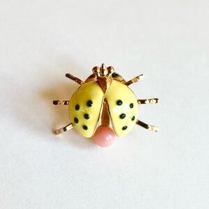 Ladybug Pin Brooch with Angel Skin Coral Bead (Yellow and Black Enamel on Gold)